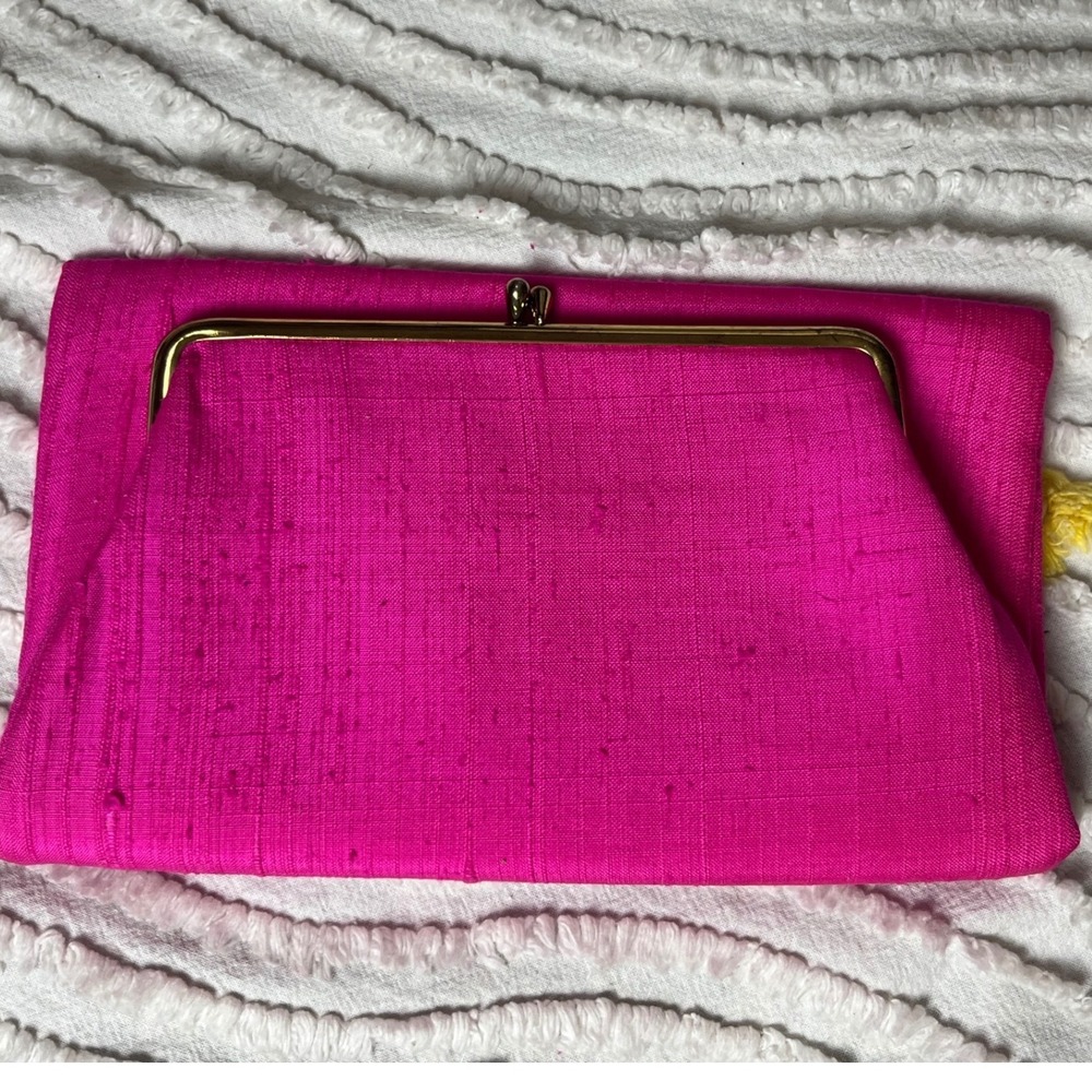 Vtg Audrey Talbott California Hot Pink Silk Clutch Kisslock Mid-Century handbag